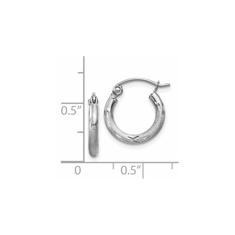 14k White Gold Satin and Diamond-cut 2mm Round Hoop Earrings