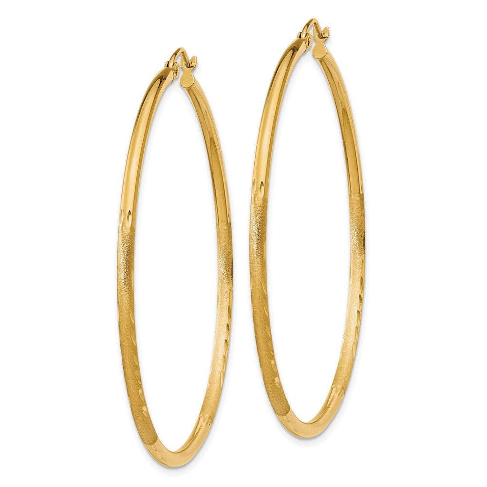 14k Yellow Gold Satin and Diamond-cut 2mm Round Tube Hoop Earrings