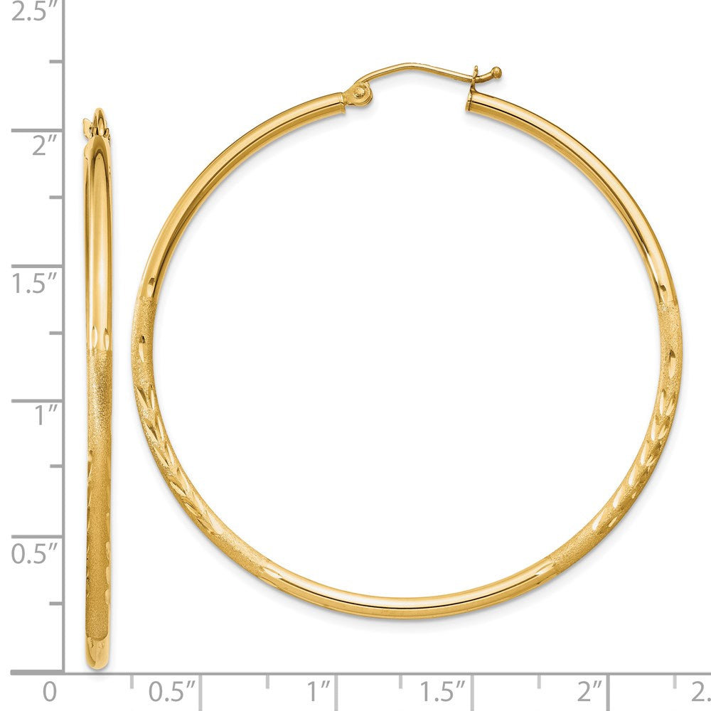 14k Yellow Gold Satin and Diamond-cut 2mm Round Tube Hoop Earrings
