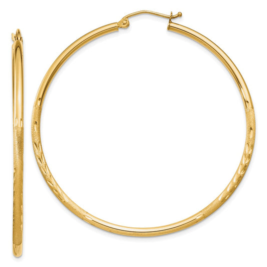 14k Yellow Gold Satin and Diamond-cut 2mm Round Tube Hoop Earrings