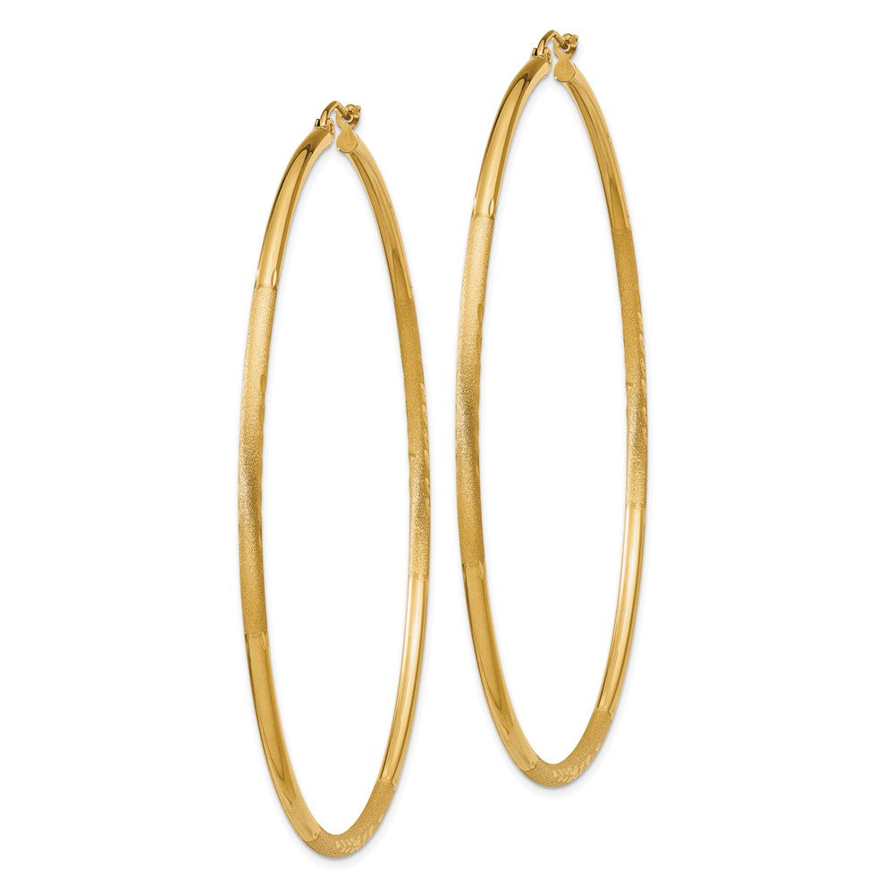 14k Satin and Diamond-cut 2mm Round Tube Hoop Earrings