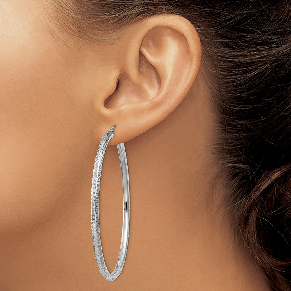 14k White Gold Diamond-cut 3mm Round Hoop Earrings