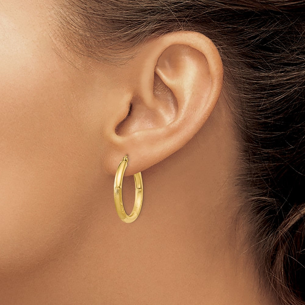 14k Satin and Diamond-cut 3mm Round Hoop Earrings