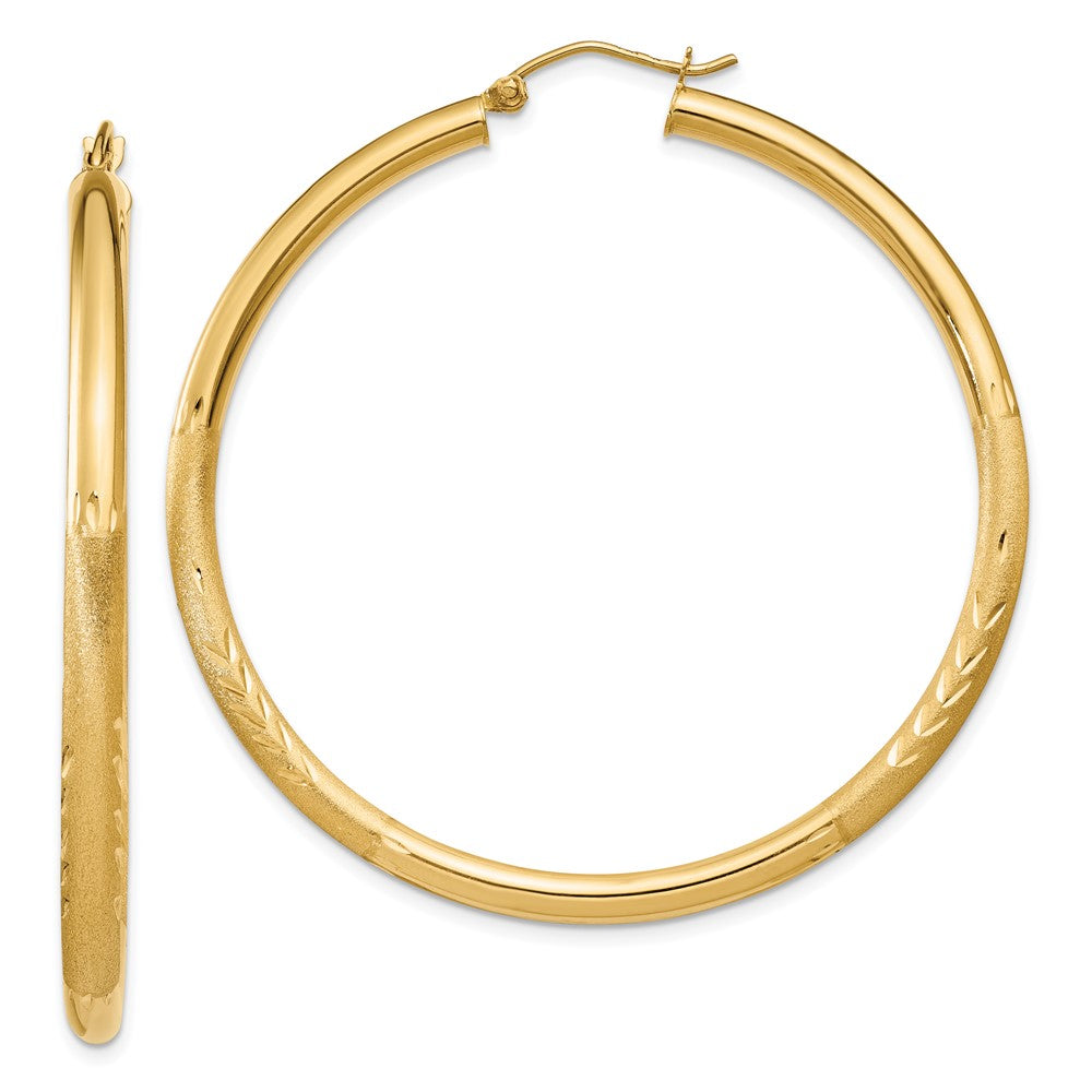14k Satin and Diamond-cut 3mm Round Hoop Earrings