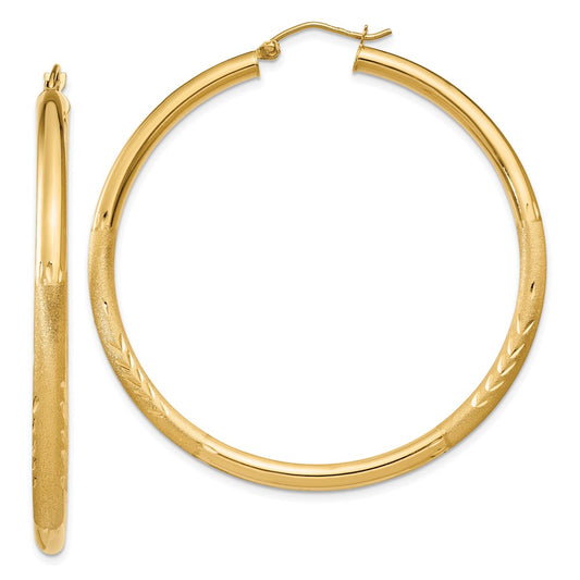14k Satin and Diamond-cut 3mm Round Hoop Earrings
