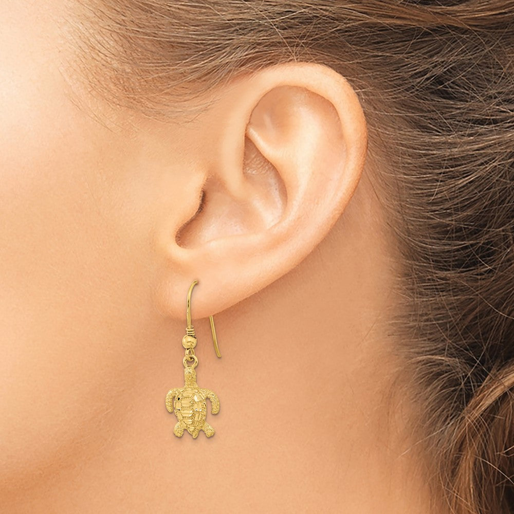 14k Yellow Gold Polished & Textured Diamond-cut Turtle Shepherd Hook Earrings