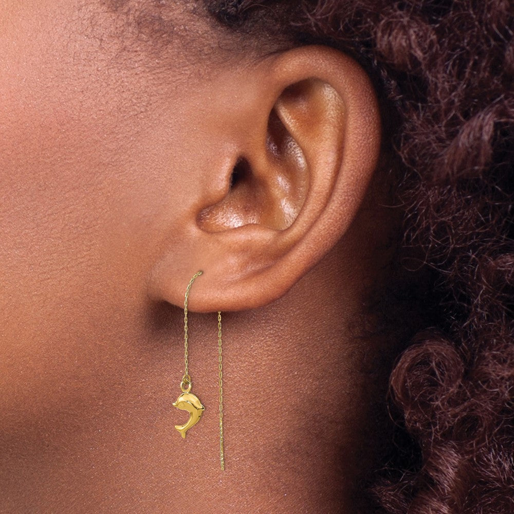 14k Yellow Gold Polished Dolphins Threader Earrings