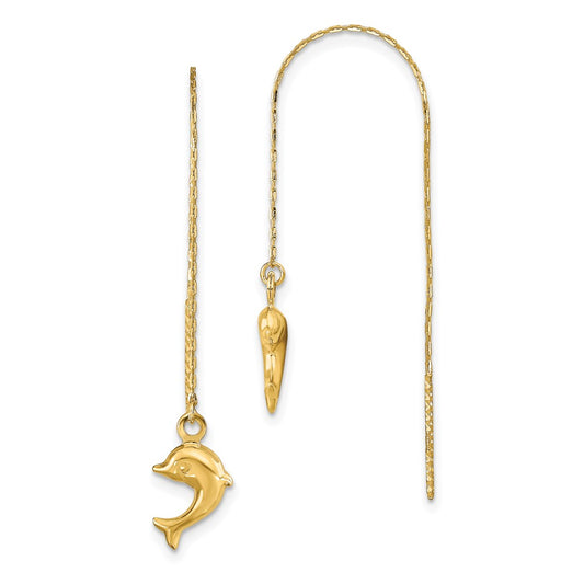 14k Yellow Gold Polished Dolphins Threader Earrings