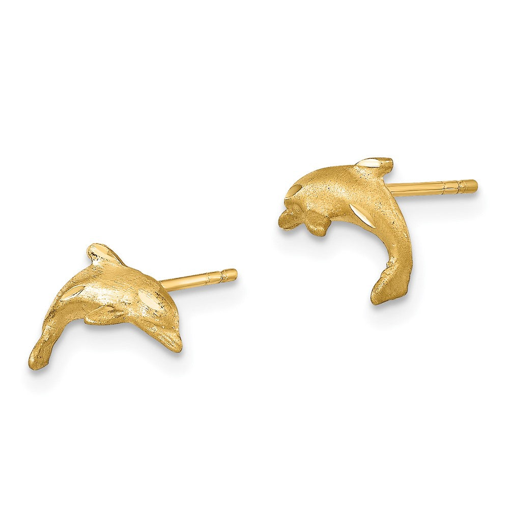 14k Yellow Gold Satin Diamond-cut Dolphin Post Earrings