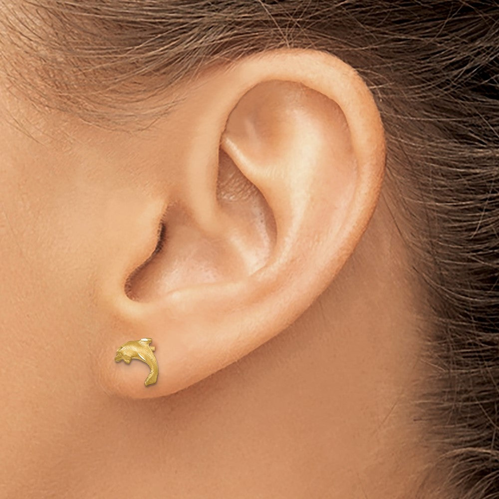 14k Yellow Gold Satin Diamond-cut Dolphin Post Earrings