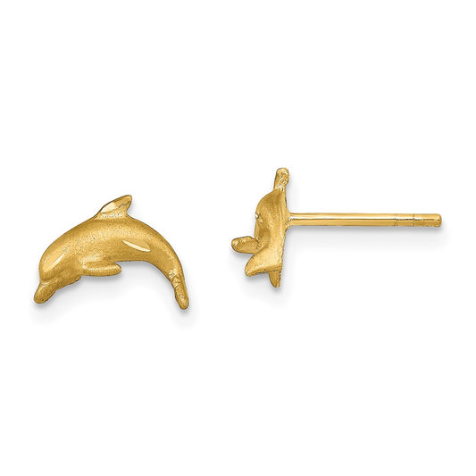 14k Yellow Gold Satin Diamond-cut Dolphin Post Earrings