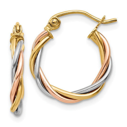 14k Yellow Gold Tri-color Polished 2.5mm Twisted Hoop Earrings