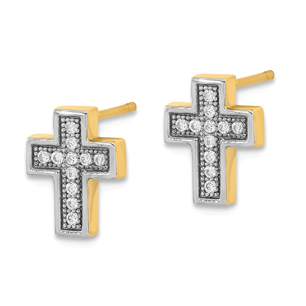 14k Yellow Gold w/Rhodium Micro Pav‚ CZ Cross Post Earrings