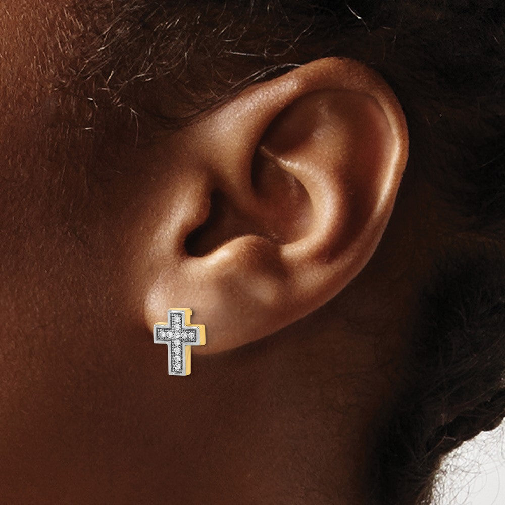14k Yellow Gold w/Rhodium Micro Pav‚ CZ Cross Post Earrings