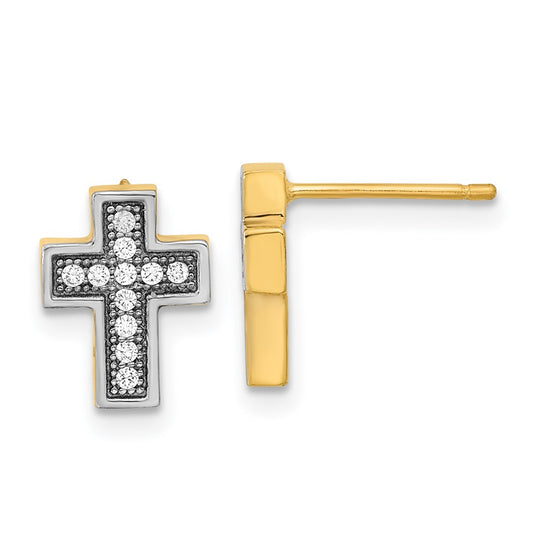 14k Yellow Gold w/Rhodium Micro Pav‚ CZ Cross Post Earrings