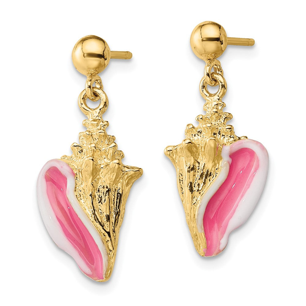 14k Yellow Gold and Pink Enamel Conch Shell Dangle Earrings
