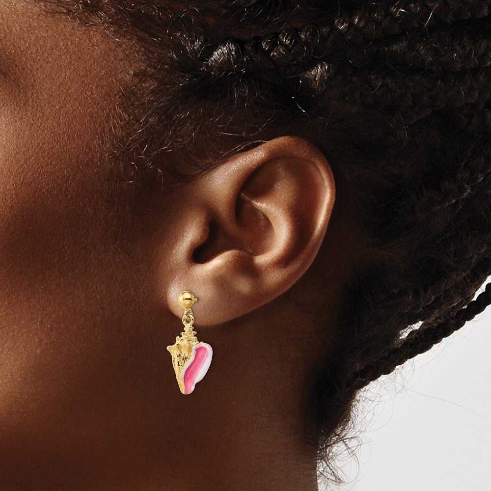 14k Yellow Gold and Pink Enamel Conch Shell Dangle Earrings