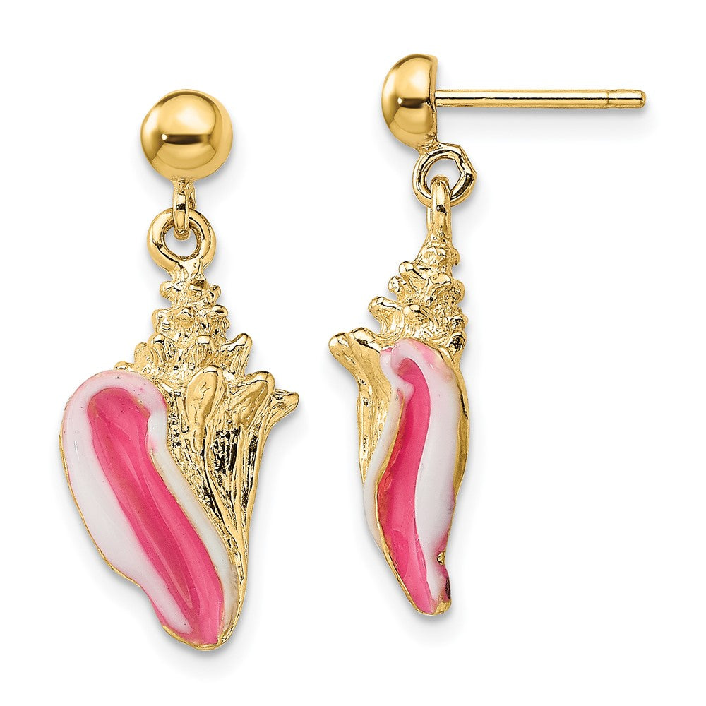 14k Yellow Gold and Pink Enamel Conch Shell Dangle Earrings