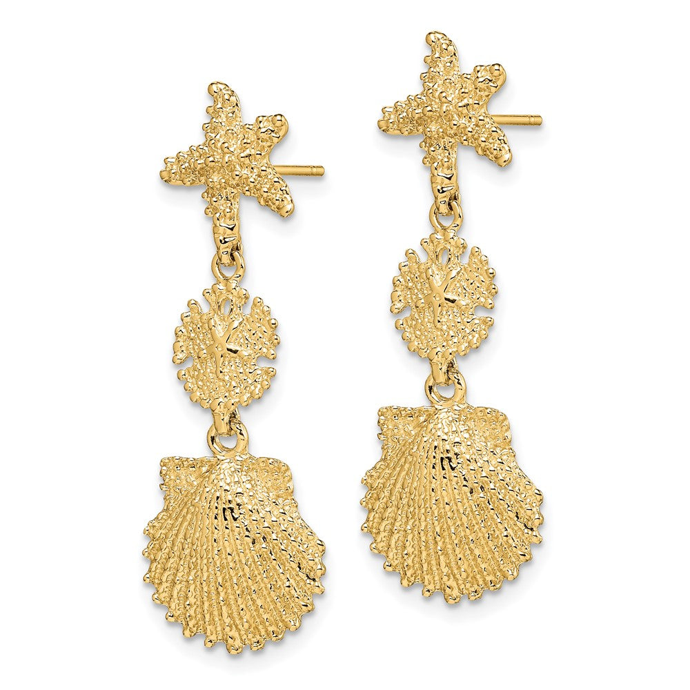 14K Starfish, Sand Dollar ,Scallop Shell Dangle Earrings