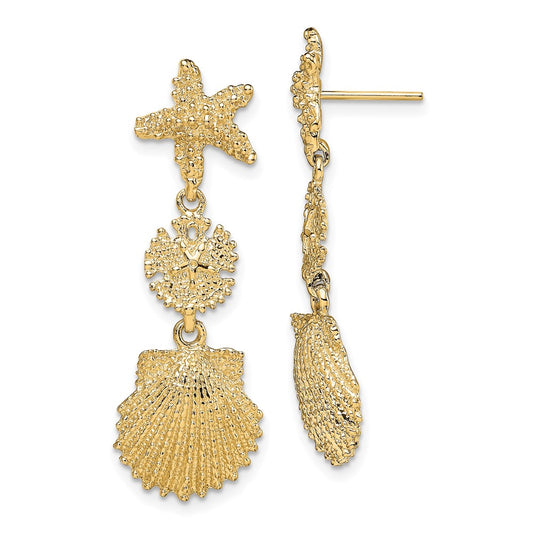 14K Starfish, Sand Dollar ,Scallop Shell Dangle Earrings