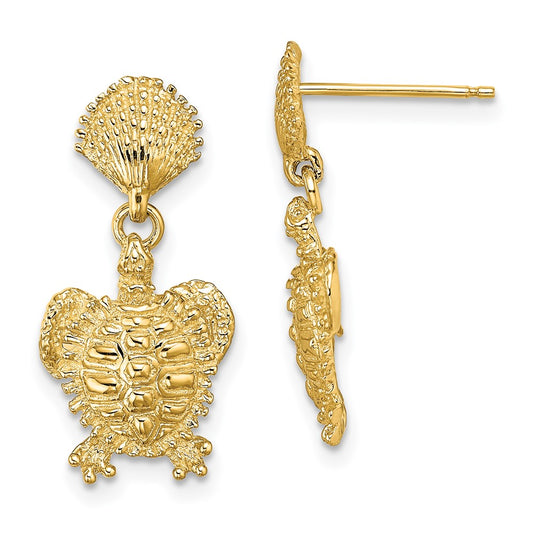 14K Yellow Gold Shell and Turtle Post Dangle Earrings