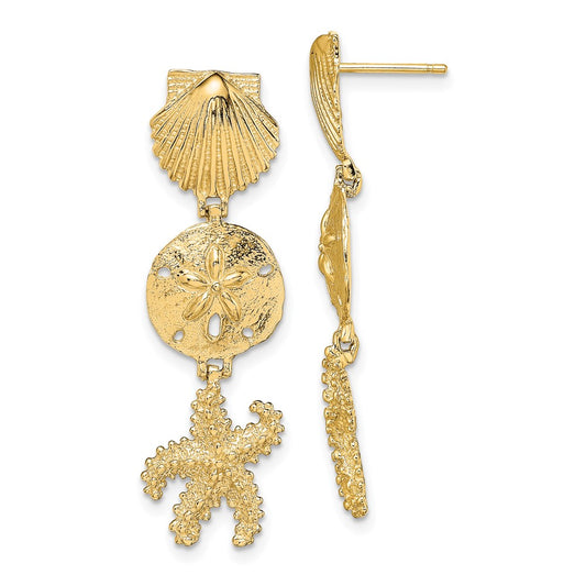 14K Shell, Sand Dollar ,Starfish Post Dangle Earrings