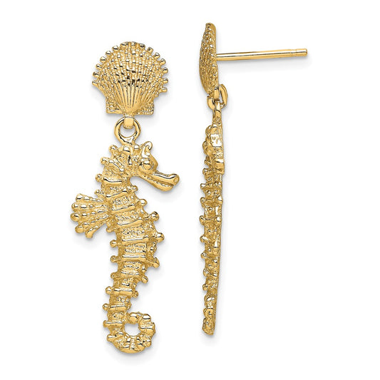 14K Seahorse Dangling From Shell Earrings