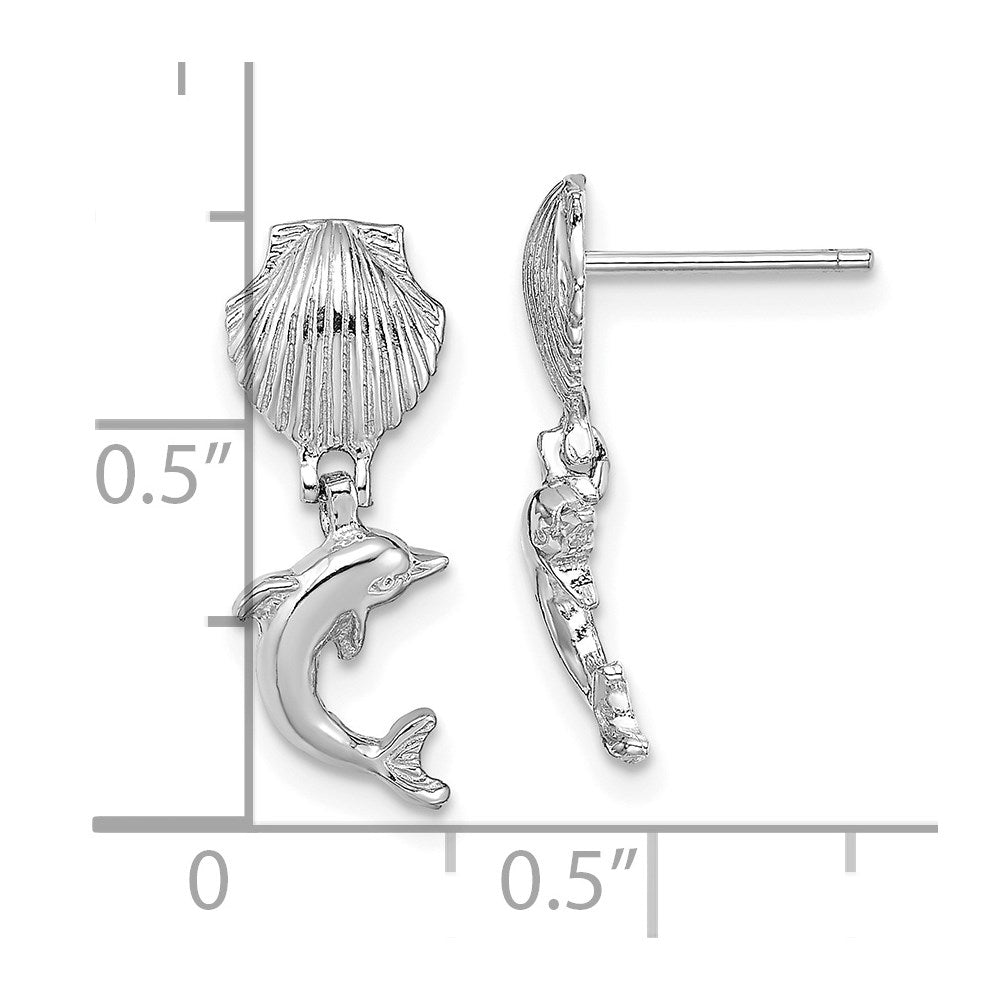 14k White Gold Dolphin Dangle From Mini Scallop Earrings