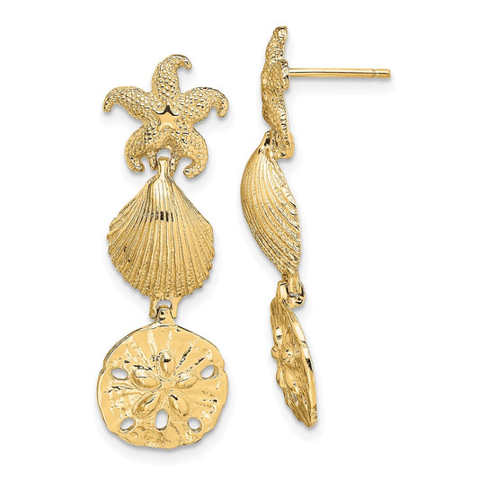 14K Starfish, Shell ,Sand Dollar Dangle Earrings