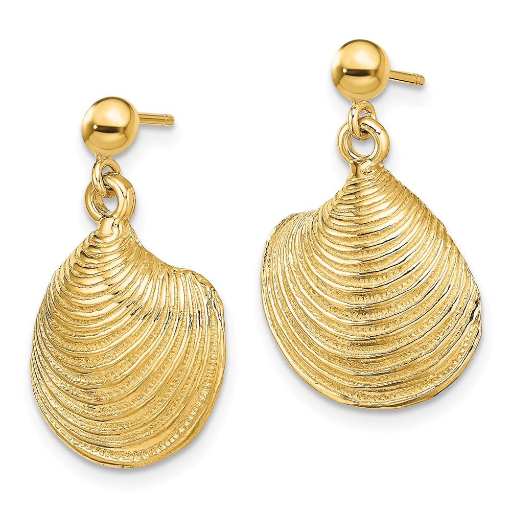 14K Yellow Gold 2-D Textured and Polished Clam Shell Dangle Earrings