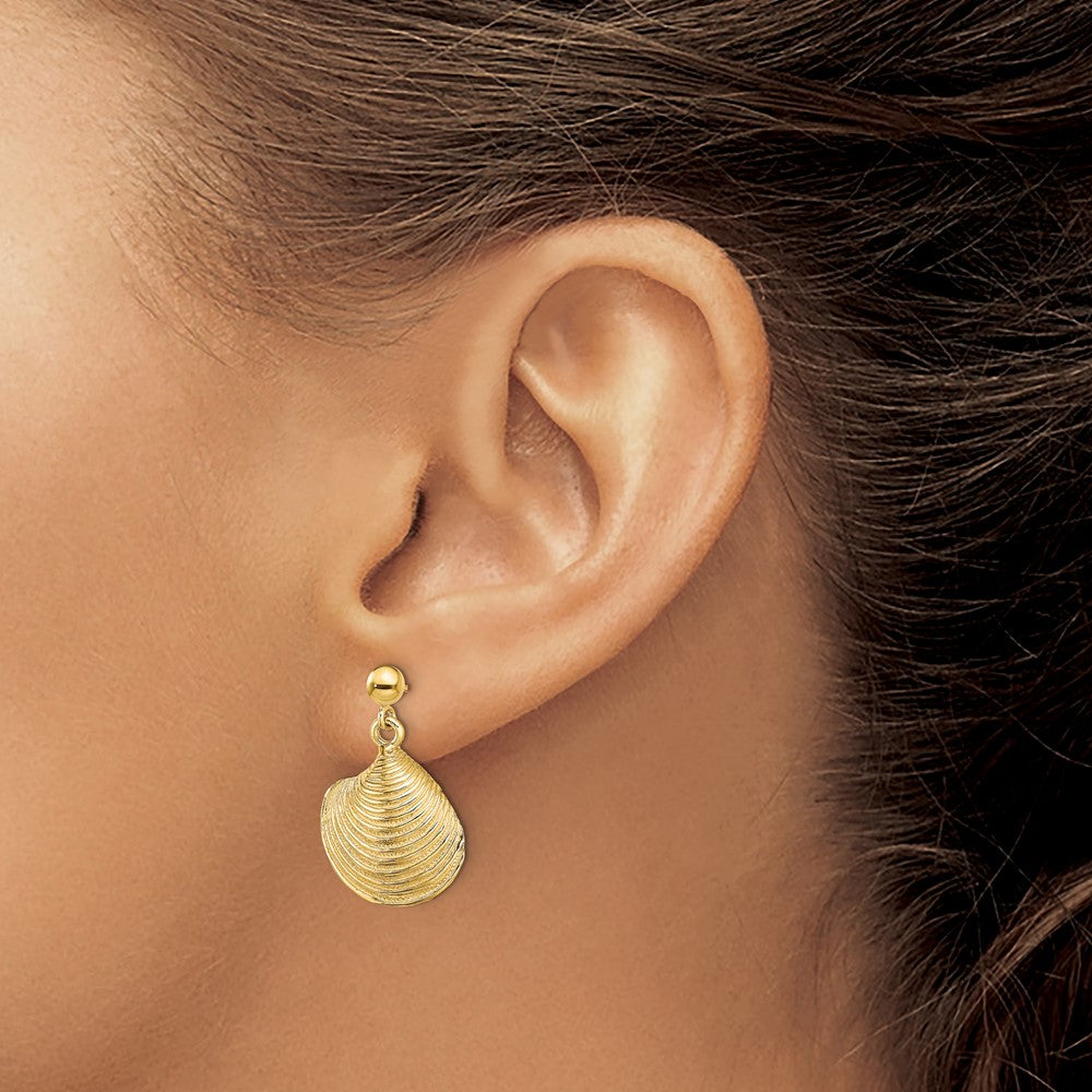 14K Yellow Gold 2-D Textured and Polished Clam Shell Dangle Earrings
