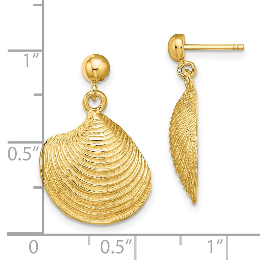 14K Yellow Gold 2-D Textured and Polished Clam Shell Dangle Earrings