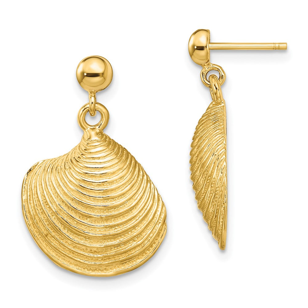 14K Yellow Gold 2-D Textured and Polished Clam Shell Dangle Earrings