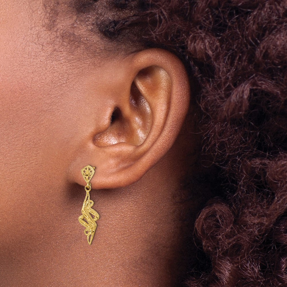 14K Yellow Gold D/C Fancy Post Dangle Earrings