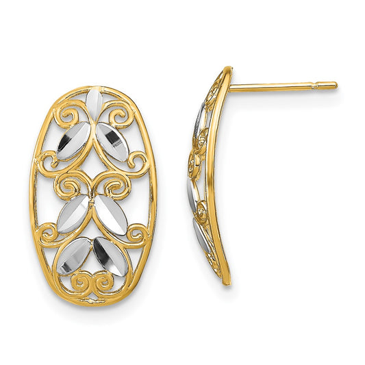 14K w/Rhodium Oval D/C Filigree Post Dangle Earrings