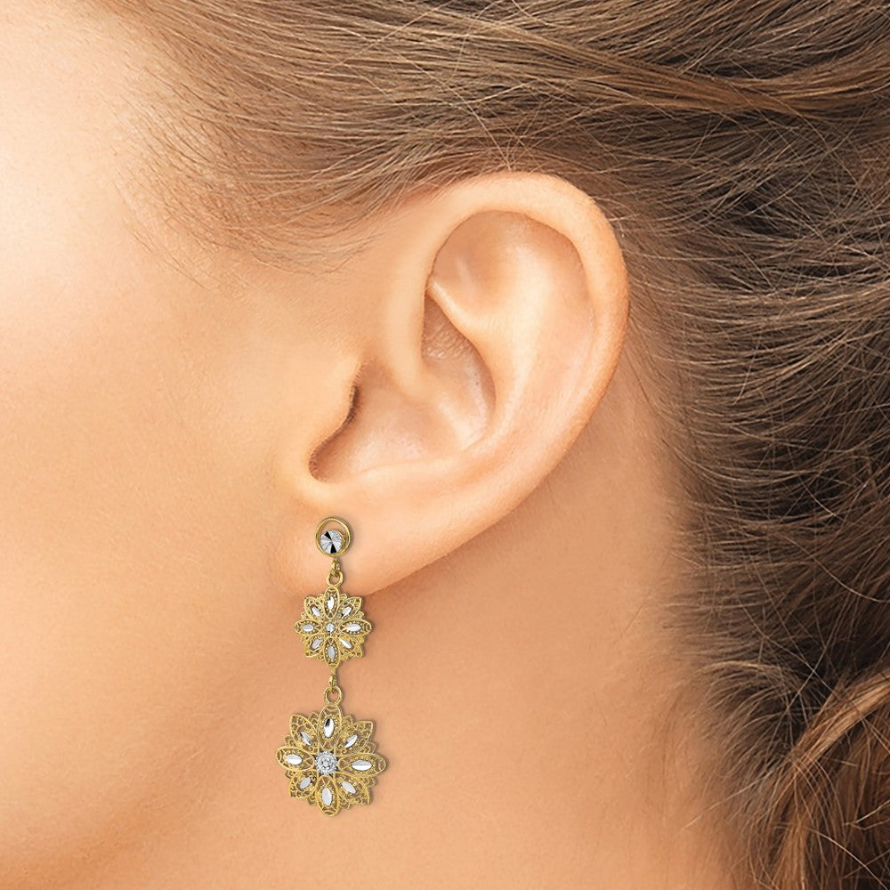 14K w/Rhodium D/C  Filigree Floral Post Dangle Earrings