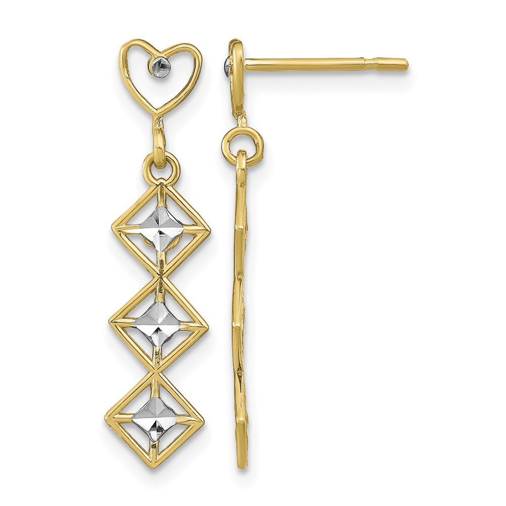 14k w/RH D/C Heart and Diamond Shape Post Dangle Earrings