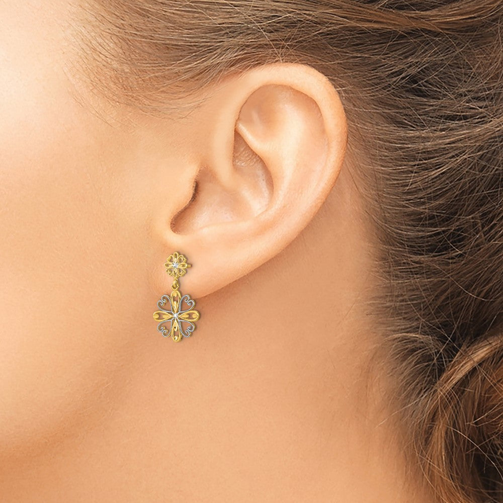 14K w/Rhodium Beaded Heart Petal Floral Dangle Earrings