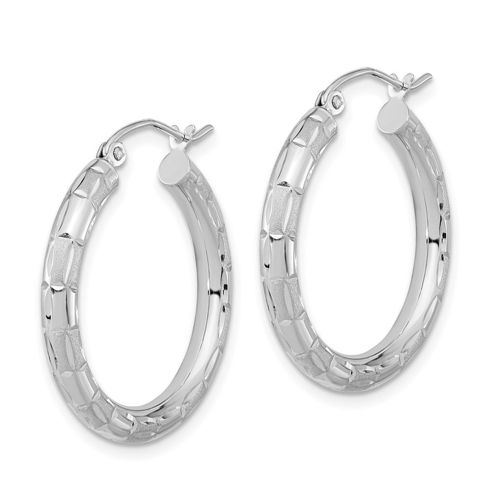 14k White Gold Polished Satin and Diamond-cut Hoop Earrings