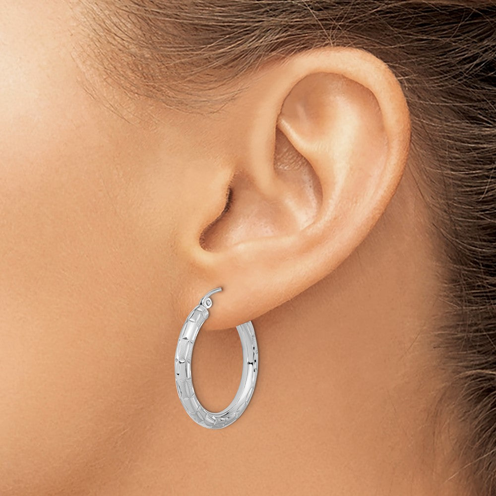 14k White Gold Polished Satin and Diamond-cut Hoop Earrings