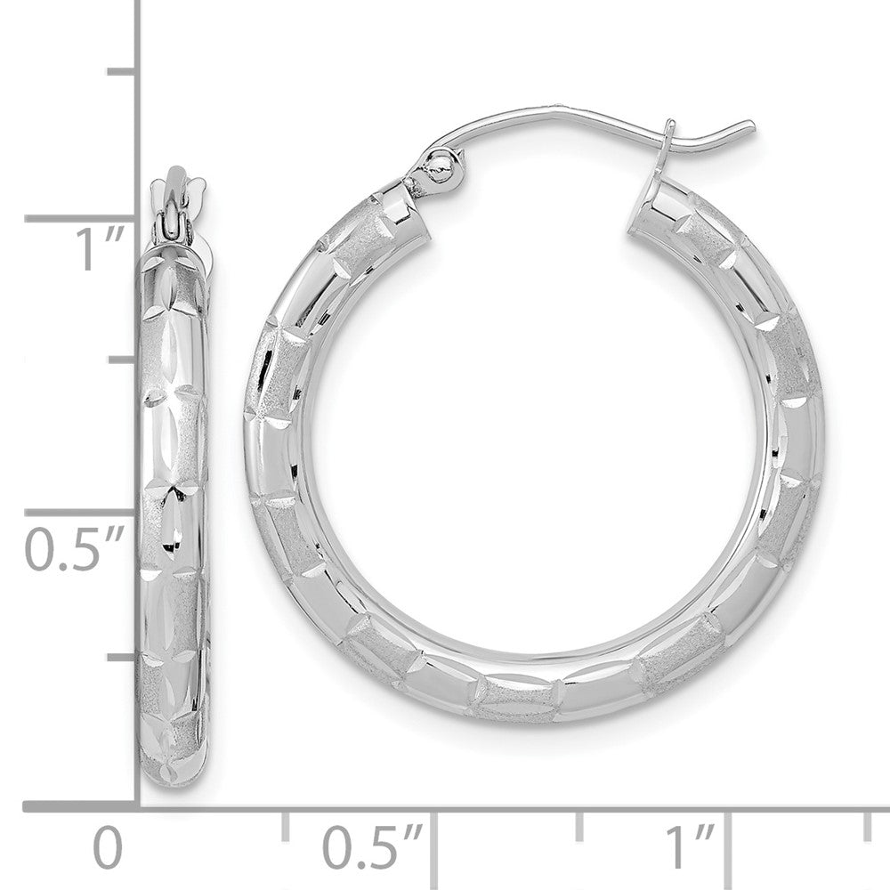 14k White Gold Polished Satin and Diamond-cut Hoop Earrings