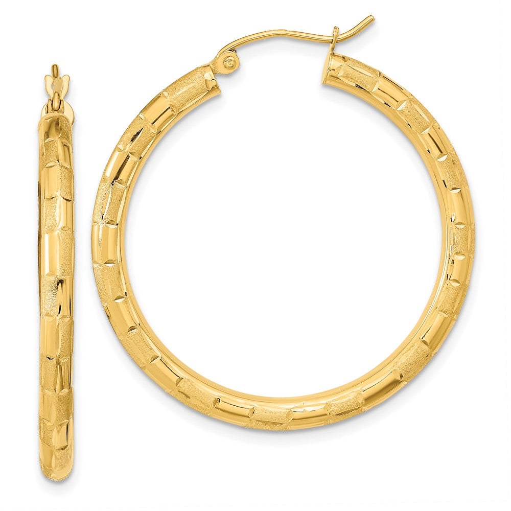 14k Polished Satin and Diamond-cut Hoop Earrings