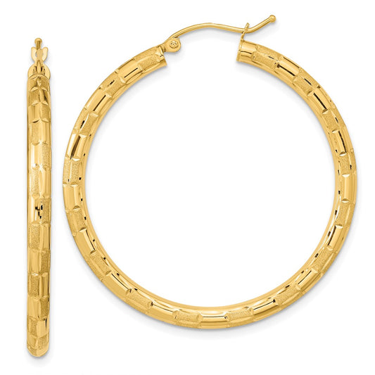 14k Polished Satin and Diamond-cut Hoop Earrings