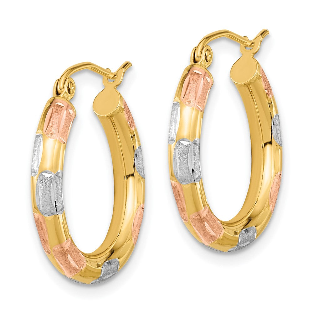 14k Yellow Gold w/White and Rose Rhodium Polished Satin Diamond-cut Hoop Earrings