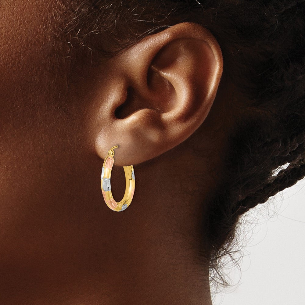 14k Yellow Gold w/White and Rose Rhodium Polished Satin Diamond-cut Hoop Earrings