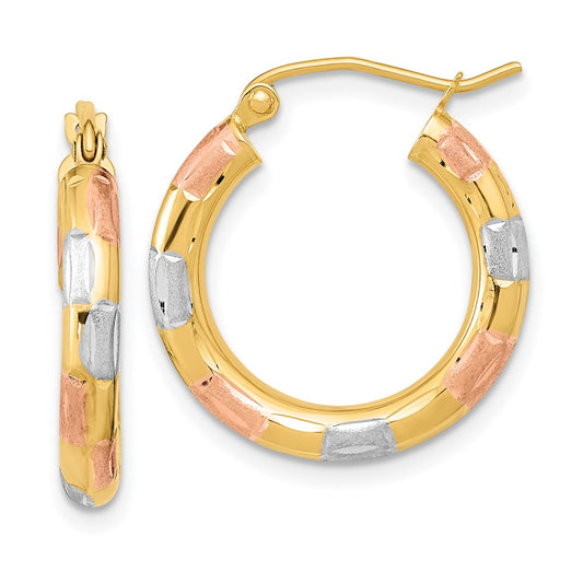 14k Yellow Gold w/White and Rose Rhodium Polished Satin Diamond-cut Hoop Earrings
