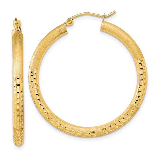 14k Polished Satin and Diamond-cut Hoop Earrings