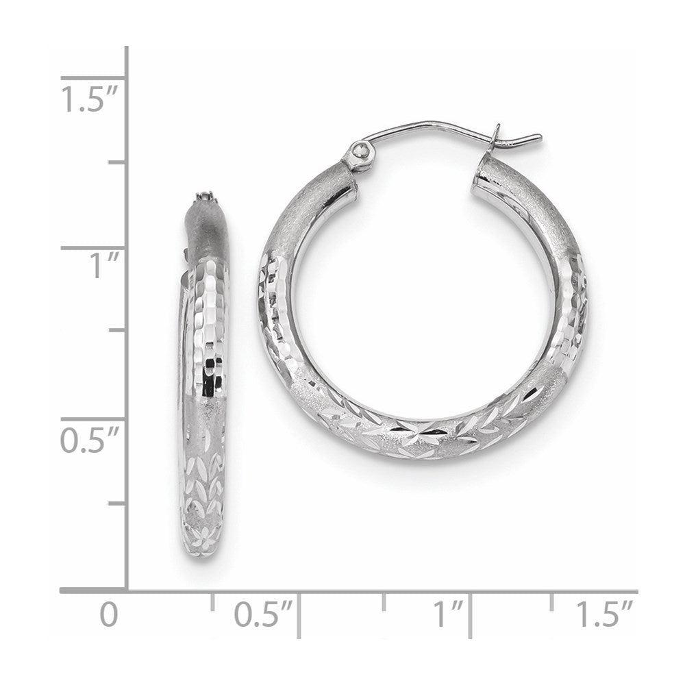 14k White Gold Polished Satin and Diamond-cut Hoop Earrings