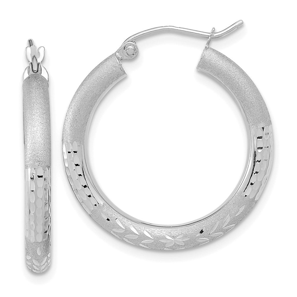 14k White Gold Polished Satin and Diamond-cut Hoop Earrings