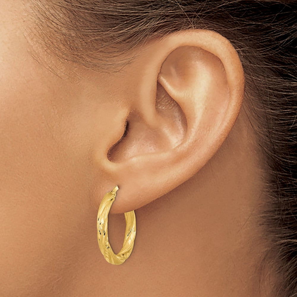 14k Yellow Gold 3mm Polished & Satin D/C Hoop Earrings